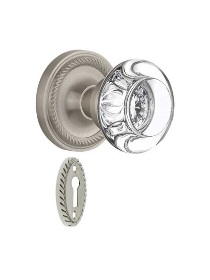 Rope Rosette Mortise-Lock Set with Round Crystal Glass Knobs in Satin Nickel.